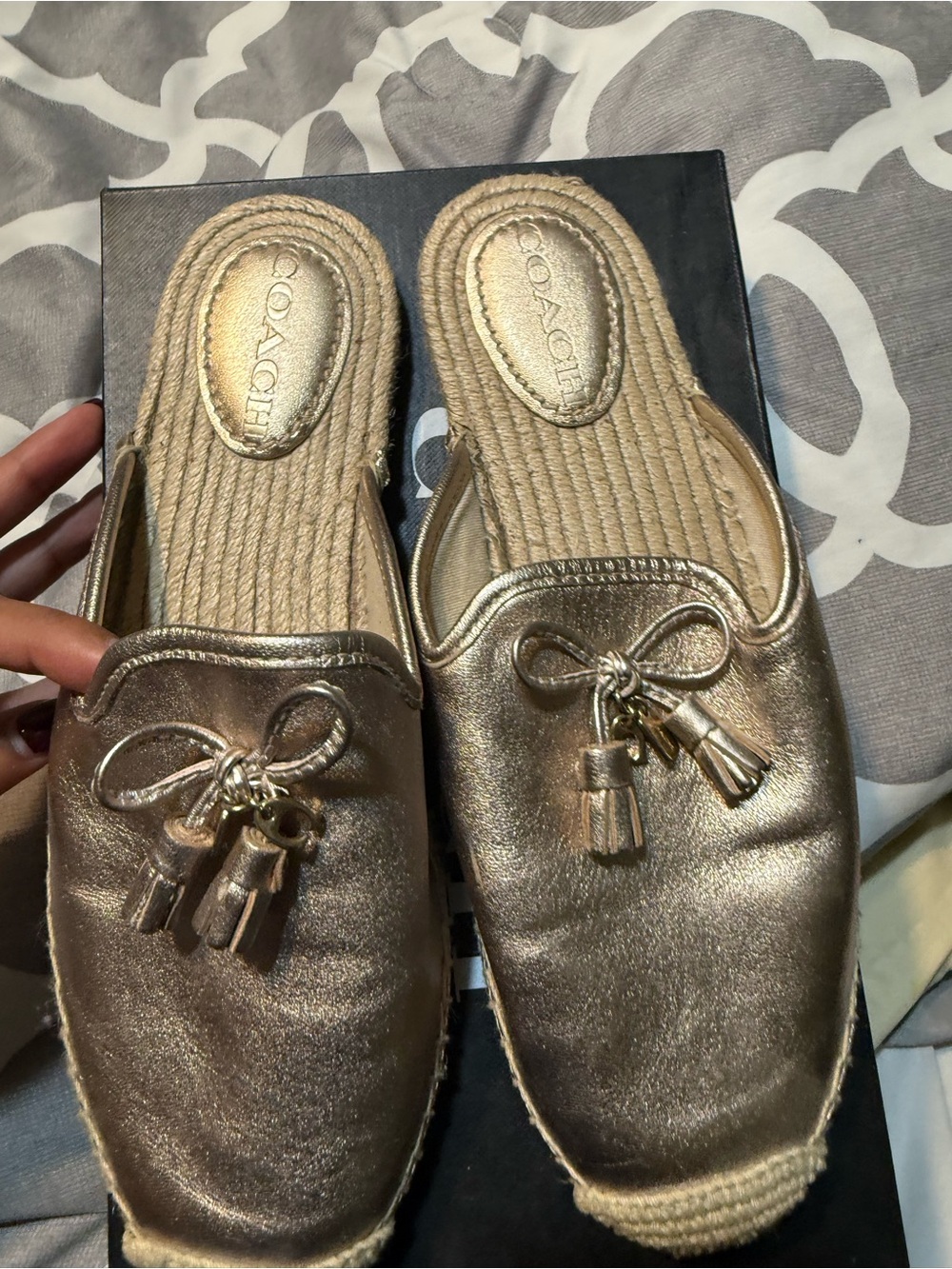 Coach Metallic Gold Tassel Espadrille Mules